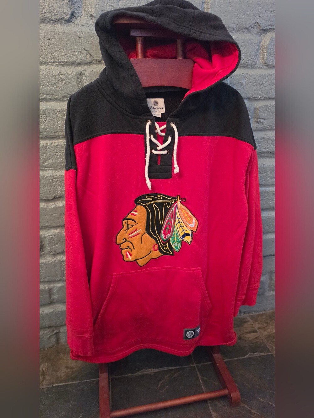 Fanatics Red and Black Lace-Up Pullover Hoodie with Embroidered Logo Size 3XL